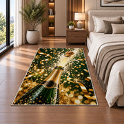 Champagne bottle pop rug in a bedroom beside the bed