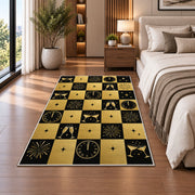 Black and gold checkered New Year rug in a bedroom beside the bed