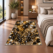 Gold and black balloons rug in a bedroom beside the bed