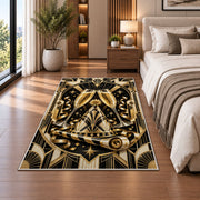 Art deco champagne toast rug in a bedroom beside the bed