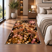Champagne cheers rug in a bedroom beside the bed