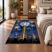 Crystal ball drop rug in a bedroom beside the bed
