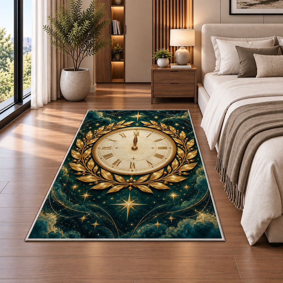 Gold laurel midnight clock rug in a bedroom beside the bed