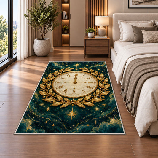 Gold laurel midnight clock rug in a bedroom beside the bed