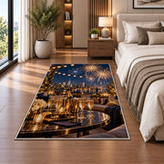 Rooftop party fireworks rug in a bedroom beside the bed