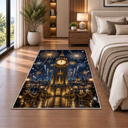 Clock tower midnight fireworks rug in a bedroom beside the bed