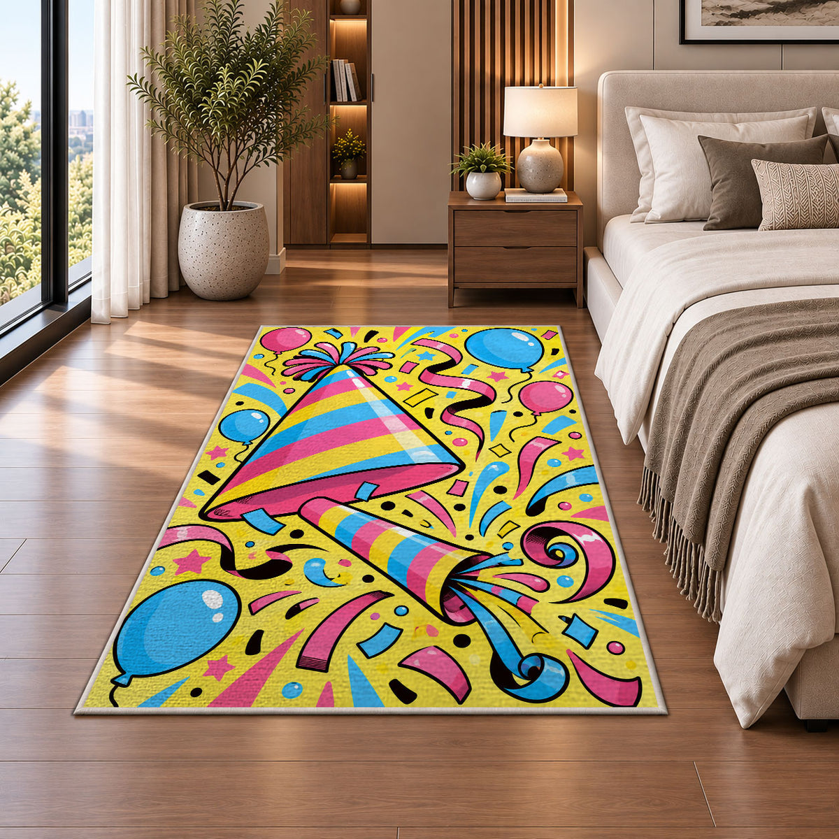 Party hat and noisemaker rug in a bedroom beside the bed
