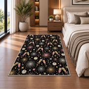 Fireworks and champagne pattern rug in a bedroom beside the bed