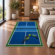 Pickleball Court Rug in a bedroom beside the bed