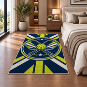 Crossed Pickleball Paddles Rug in a bedroom beside the bed