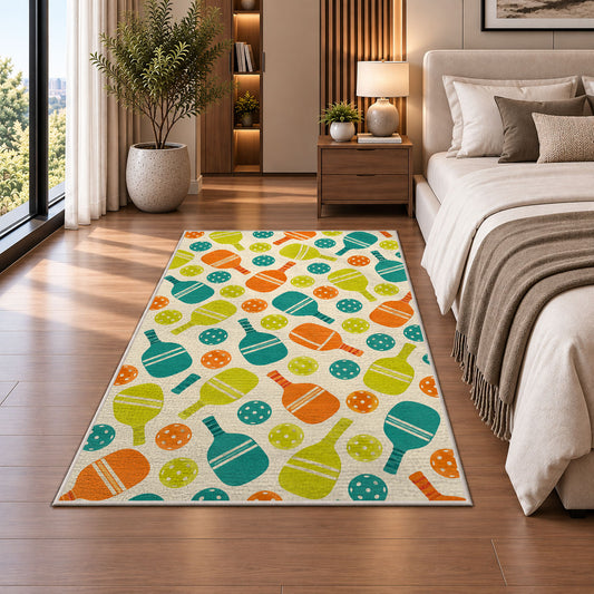 Pickleball Pattern Rug in a bedroom beside the bed