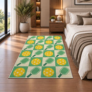 Retro Checkered Pickleball Rug in a bedroom beside the bed