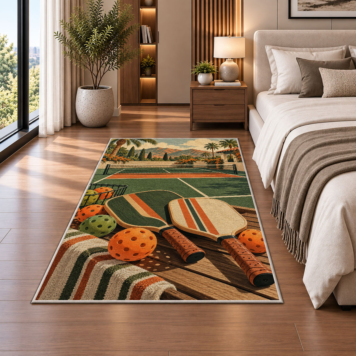 Vintage Pickleball Court Rug in a bedroom beside the bed