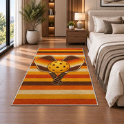 Retro Stripe Pickleball Rug in a bedroom beside the bed