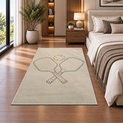 Minimalist Pickleball Line Art Rug in a bedroom beside the bed