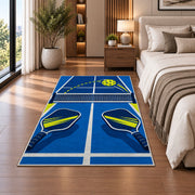 Pickleball Over the Net Rug in a bedroom beside the bed