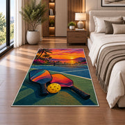 Sunset Pickleball Court Rug in a bedroom beside the bed