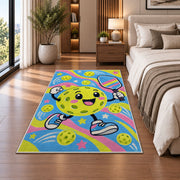 Cute Pickleball Character Rug in a bedroom beside the bed