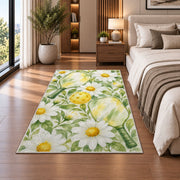 Watercolor Pickleball Daisy Rug in a bedroom beside the bed