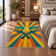 Pickleball Sunburst Rug in a bedroom beside the bed