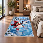 Ice Skating Penguin Rug in a bedroom beside the bed
