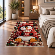 Hot Cocoa Penguin Rug in a bedroom beside the bed