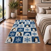 Penguin Checkered Rug in a bedroom beside the bed