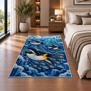Underwater Penguin Rug in a bedroom beside the bed
