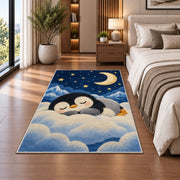Sleeping Baby Penguin Rug in a bedroom beside the bed