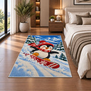 Snowboarding Penguin Rug in a bedroom beside the bed