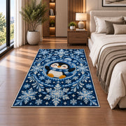 Snowflake Mandala Penguin Rug in a bedroom beside the bed