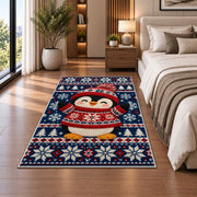 Nordic Sweater Penguin Rug in a bedroom beside the bed