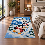 Penguin Parade Rug in a bedroom beside the bed
