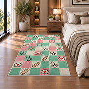 Retro Checkered Nurse Rug in a bedroom beside the bed