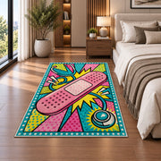Pop Art Bandage Rug in a bedroom beside the bed