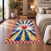 Retro Nurse Cap Sunburst Rug in a bedroom beside the bed