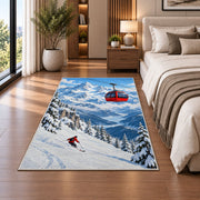 Alpine gondola rug in a bedroom beside the bed