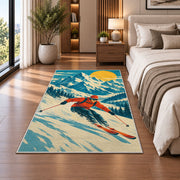 Vintage ski poster rug in a bedroom beside the bed