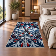 Crossed skis emblem rug in a bedroom beside the bed