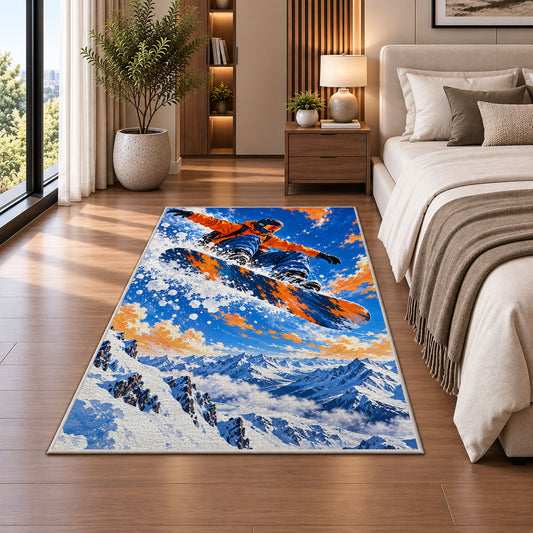 Snowboarder jump rug in a bedroom beside the bed