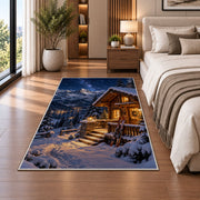 Ski cabin at night rug in a bedroom beside the bed