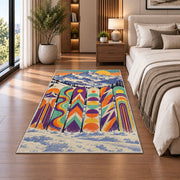 Retro snowboards rug in a bedroom beside the bed