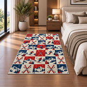 Checkered ski rug in a bedroom beside the bed