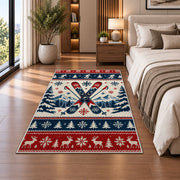Nordic sweater skis rug in a bedroom beside the bed