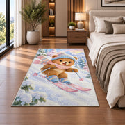 Teddy bear skier rug in a bedroom beside the bed