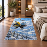 Chairlift skiers rug in a bedroom beside the bed