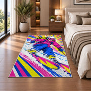 Pop art skier rug in a bedroom beside the bed