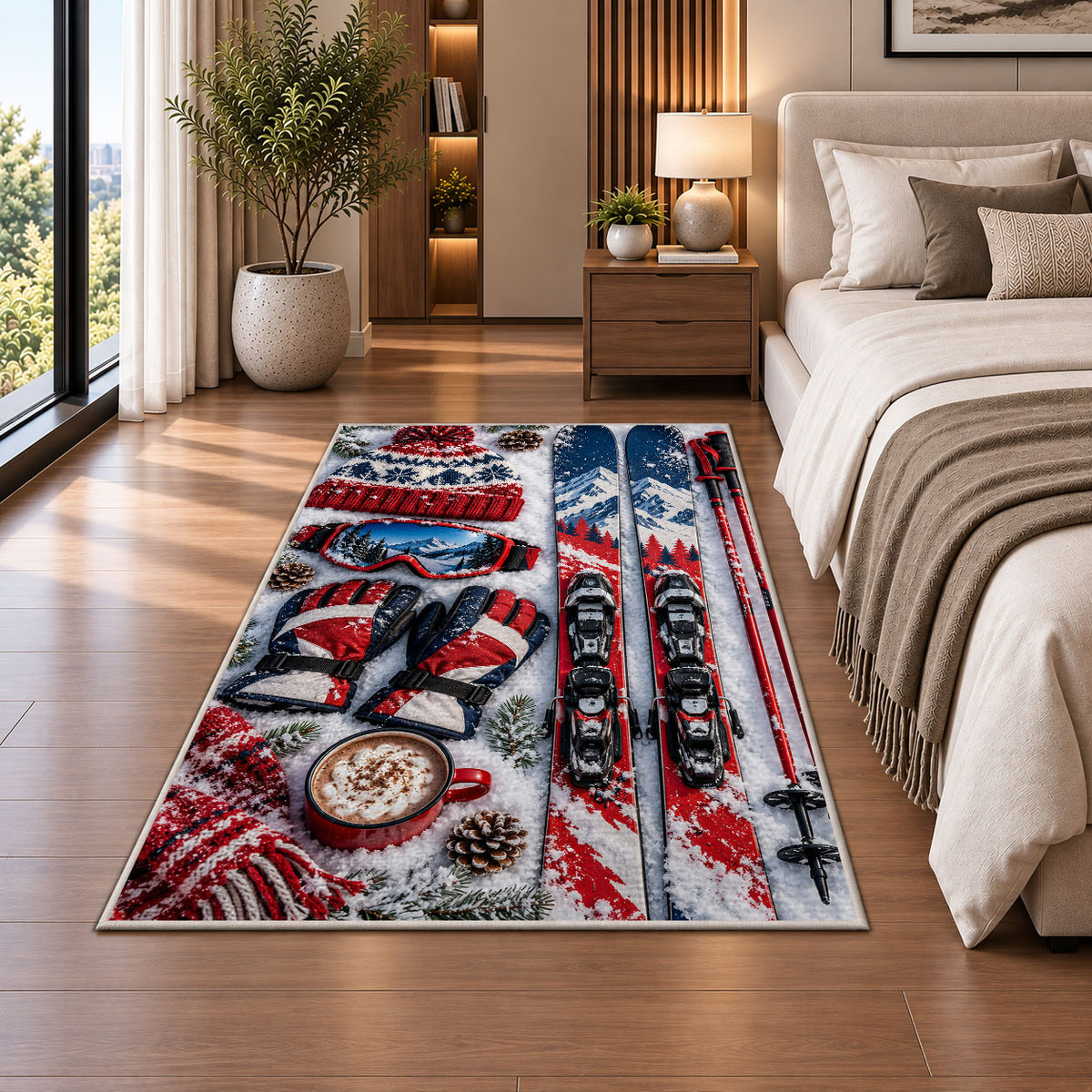 Ski gear flat lay rug in a bedroom beside the bed