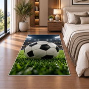 classic soccer ball under stadium lights rug in a bedroom beside the bed
