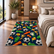 soccer gear pattern rug in a bedroom beside the bed
